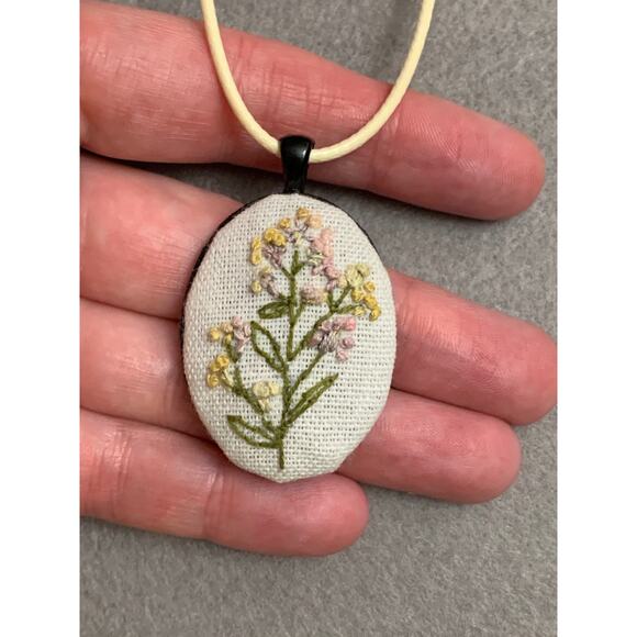 Delicate Wildflower Embroidery Necklace in Bezel - Handmade Jewelry - Picture 3 of 5